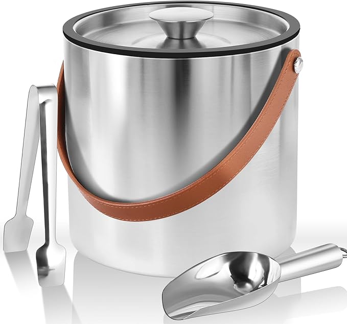 Bakpoco Double-Wall Vacuum Insulated Ice Bucket with Lid, Scoop, Ice Tong, Strainer & Leather Handle Keep Ice Frozen Longe...