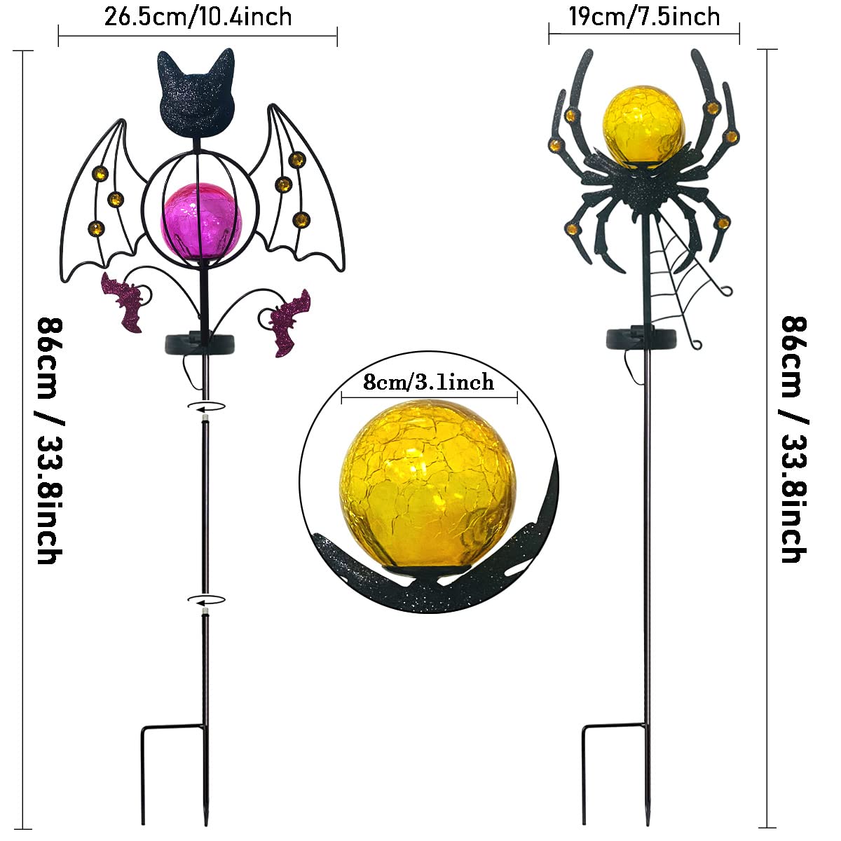 Solar Halloween Yard Decorations, Outdoor Solar Garden Metal Stake Lights, Funny Spider & Bat Stake with Crackle Glass Ball LED Lights Halloween Outdoor Decorations, Set of 2