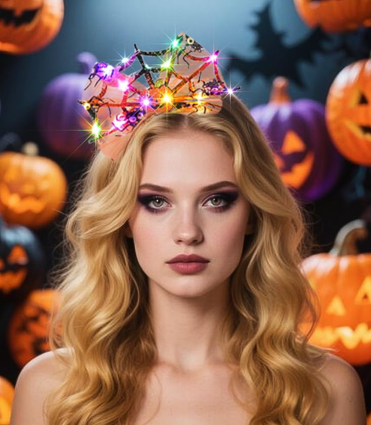 Uranian Light Up Halloween Headbands Cobweb Hairbands Led Bow Hair Hoop Flashing Pumpkin Ghost Headband Glowing Festival P...
