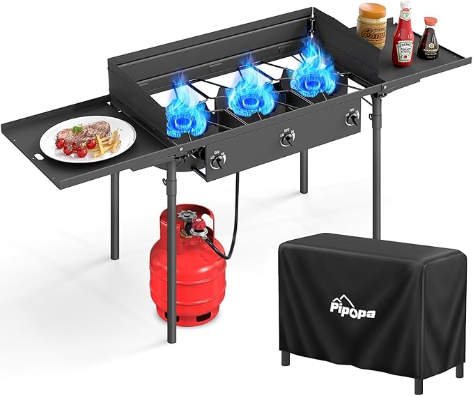 3 Burner Propane Camp Stove | 225,000 BTU Gas Burners | Side Shelves | Windscreen | Waterproof Cover | Detachable Legs | I...