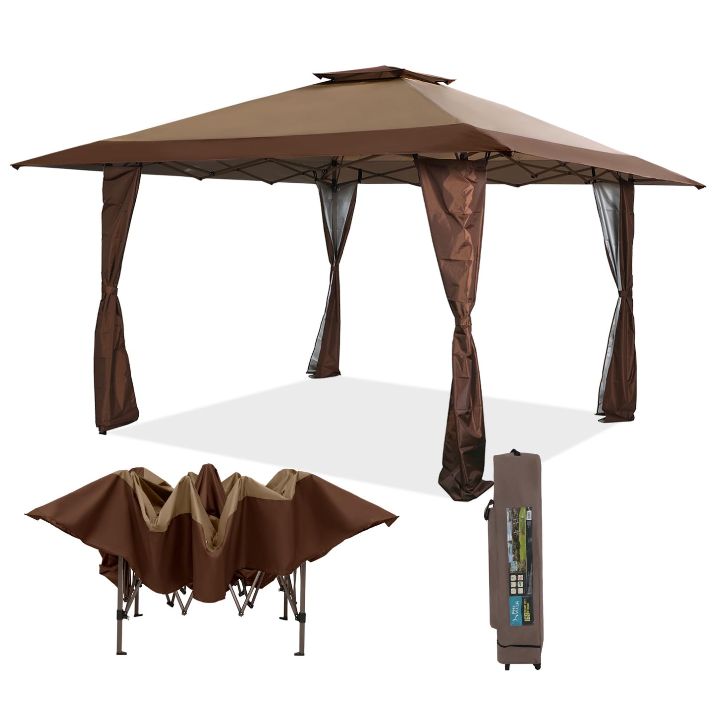 Canopy Tent Pop Up 13x13 ft, Outdoor Patio Portable Commercial Canopies Shelter Heavy Duty Straight Legs with Roller Bag, 8 Stakes, 4 Guy Ropes, UPF50+, Brown, Sophia & William
