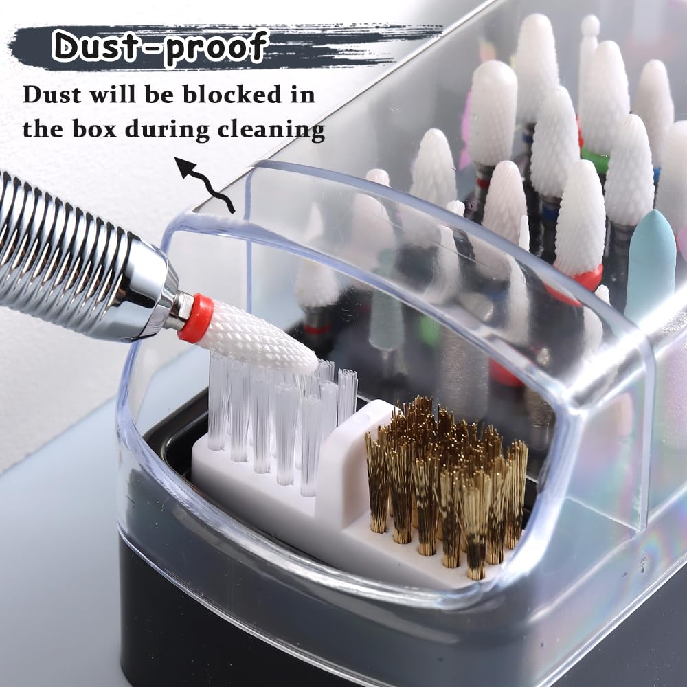 2 in 1 Nail Drill Bits Holder with Nail Drill Bits Cleanser, 30 Holes Dustproof Drill Bits Stand Display Storage Box, Steel Wire