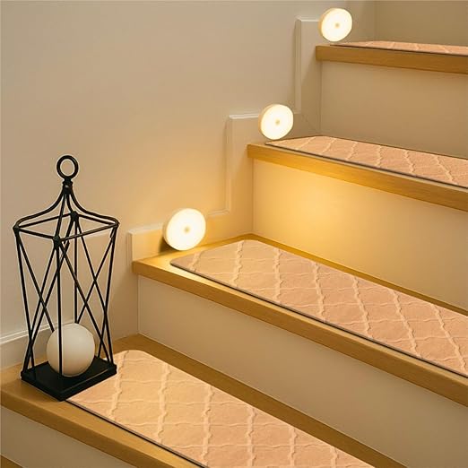 Stair Treads for Wooden Steps Indoor, Includes 15 Non-Slip Carpet Mat 8x30in with 5 Motion Sensor Lamps, Peel & Stick Carpet Stair Treads,Safety Stair Rugs for Kids, Elderly and Pets (Beige)