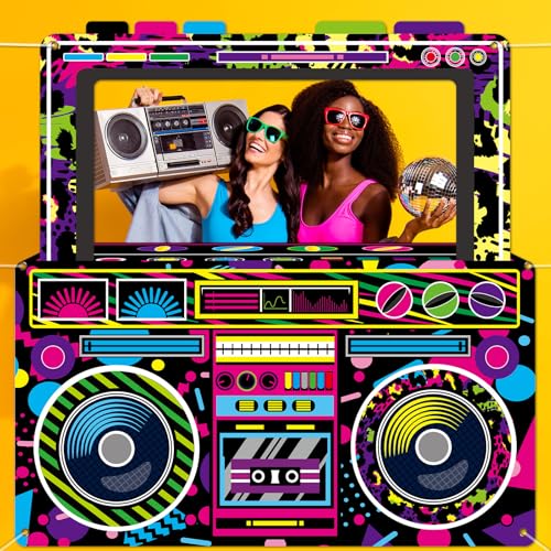 Radio Boombox Photo Booth Props for 80s 90s Party Decorations 59 X 59 Inch, Neon Radio Boombox Selfie Frame Backdrop Hangi...