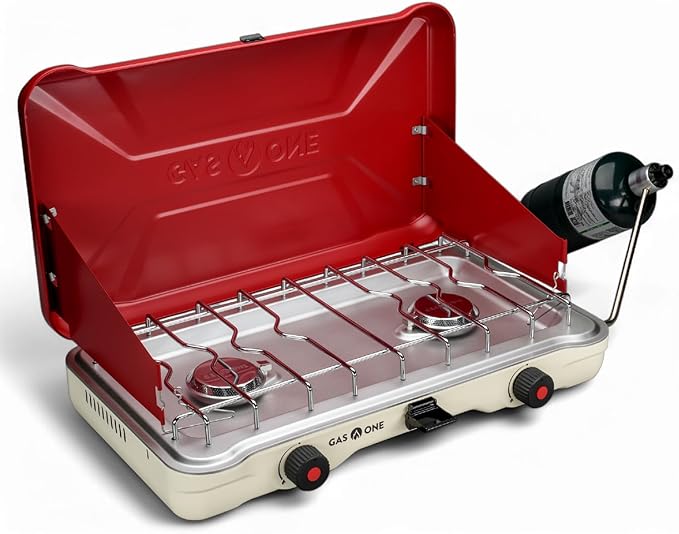 GasOne Portable Camping Stove – Double Propane Stove with Auto Twist Turn Ignition – 22,000 BTU Camping Cooktop with 2 Bur...