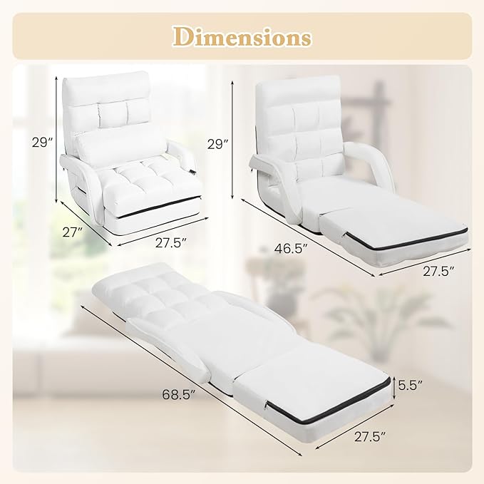 KOMFOTT Foldable Floor Lazy Sofa Chair, Indoor Chaise Lounge Chair with 6 Positions Adjustable Backrest, Detachable Seat Cushion, Armrests & Pillow, Cozy Floor Chair for Living Room, Bedroom (White)