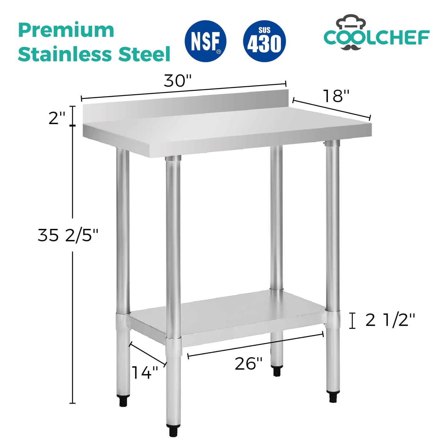 okeyolive Stainless Steel Work Table 18 x 30 Inch, NSF Commercial Prep Table with Undershelf, Heavy Duty Food Prep Workstation with Backsplash