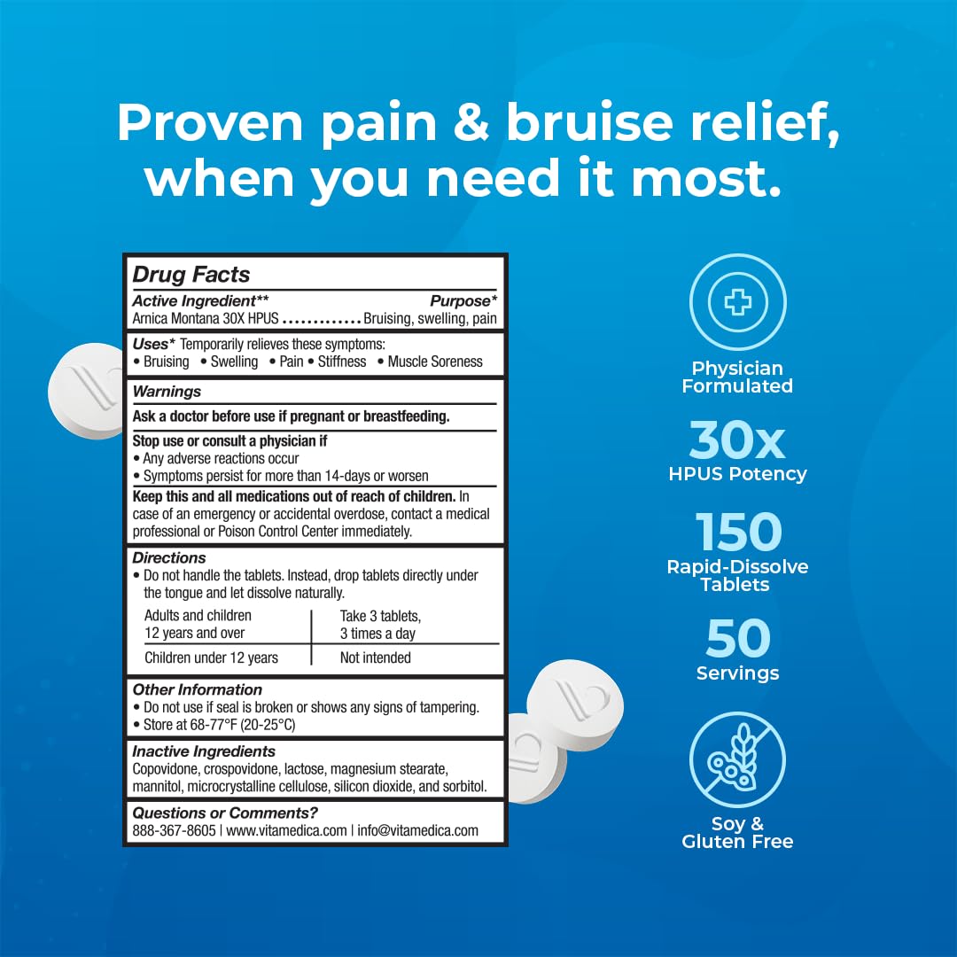 VitaMedica Arnica Montana 30X Homeopathic Tablets for Bruising Pain and Swelling | Plant Based Formula | Recommended by Plastic Surgeons | Natural Recovery Surgery Or Injury | 3 Pack | 150 Servings