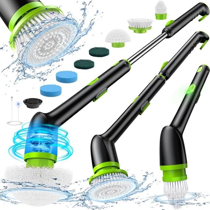 LyriFine Electric Spin Scrubber, 2024 New Full-Body IPX7 Waterproof Bathroom Cleaner Brush, Shower Scrubber with Long Handle & 2 Speed, Heads Replacement, Cleaning Supplies for Tub Shower Tile Floor