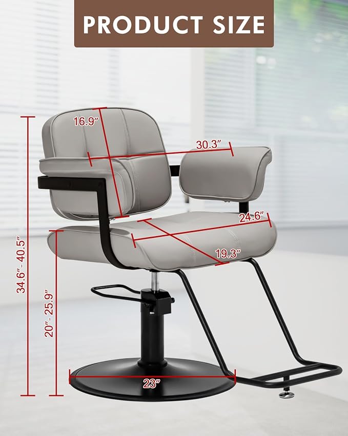 Barber Salon Chair, Extra Wide Hair Styling Chair with Heavy Duty Hydraulic Pump, 360° Swivel Height Adjustable Braiding Design, Luxury Beauty Salon and Barbershop Equipment, Grey
