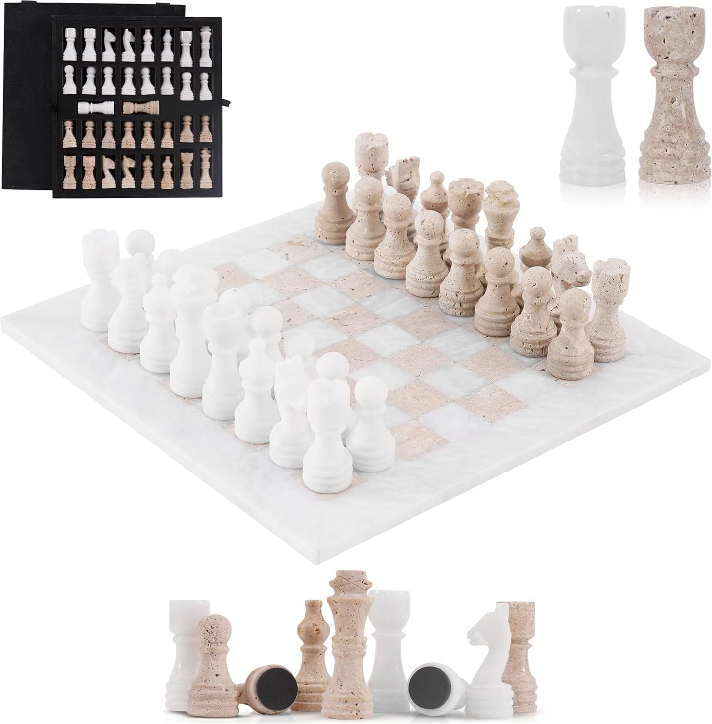 SPESHSTONES Marble Chess Set for Adults 12 Inch Handmade White and Travertine Chess Board Games with Storage Box, Travel Chess Game with 32 Chess Pieces & 2 Extra Queens, Gifts & Home Décor