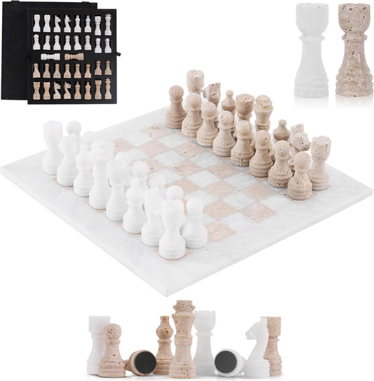 SPESHSTONES Marble Chess Set for Adults 12 Inch Handmade White and Travertine Chess Board Games with Storage Box, Travel Chess Game with 32 Chess Pieces & 2 Extra Queens, Gifts & Home Décor