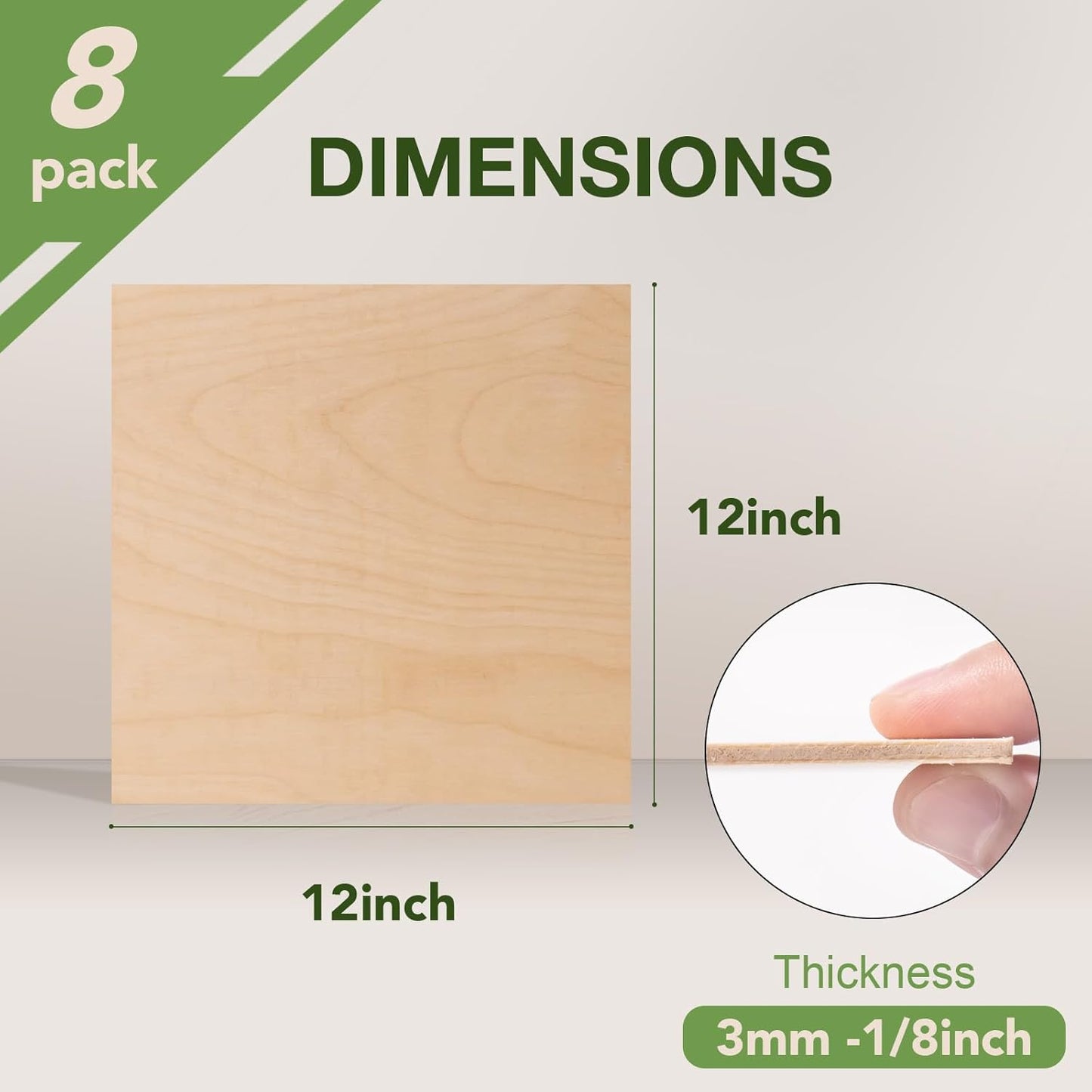 8 Pack Birch Plywood Sheets, 12 x 12 x 1/8 Inch, 3mm for Laser Cutting, Architectural Models, Wood Burning & DIY Crafts