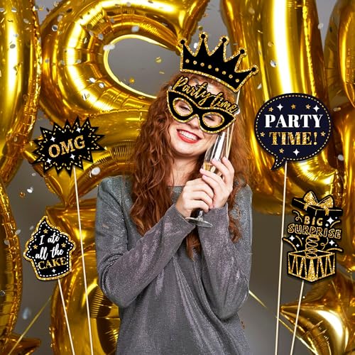 30 Pcs Black & Gold Birthday Photo Booth Props 2025 Party Photo Booth Props Birthday Decorations Backdrop Decorations for ...