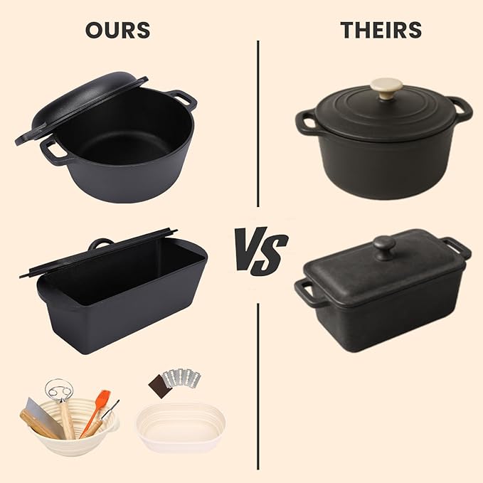 QuliMetal Cast Iron Cookware Set, 2-Piece Pre-Seasoned – 3.2QT Oval Bread Pan & 5QT Dutch Oven with Sourdough Starter Kit, Heavy Duty Cast Iron Bakeware for Artisan Bread, Home Cooking & Baking