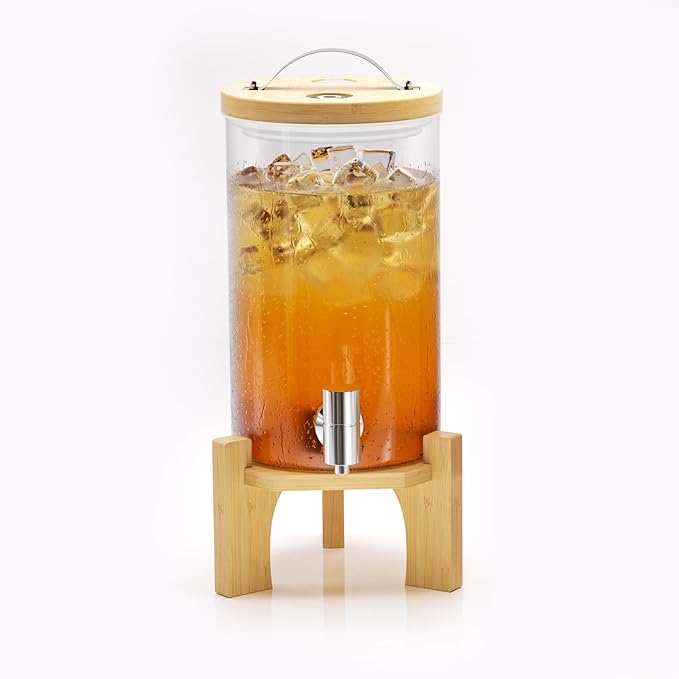 VOVUVK 1.2 Gallon Glass Drink Dispenser For Parties, beverage dispenser with Bamboo wood stand And Stainless Steel Spigot,...