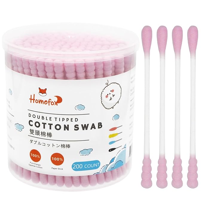 Pink Cotton Swabs Spiral - 200 Count Organic Cotton Buds Double Side Tightly Wrapped Cotton Tips Paper Stick Soft Gentle Lint-Free Cruelty-Free, Round & Spiral (Pink)