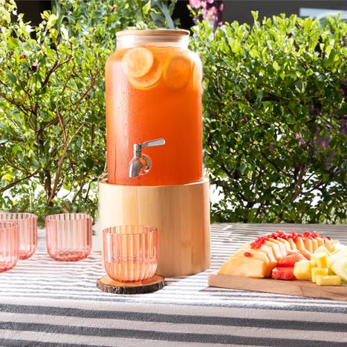 Kitchentoolz 1 Gallon Glass Drink Dispenser for Parties on Bamboo Stand - Premium Borosilicate Beverage Jar with Stainless...
