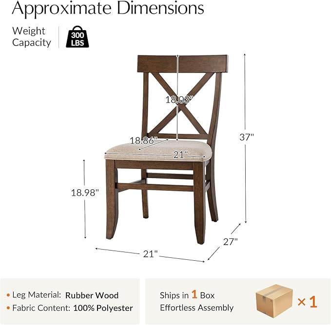 HULALA HOME Solid Wood Dining Chairs Set of 2, Walnut Farmhouse Upholstered Kitchen Dining Room Chair Mid-Century Modern Dinner Chair with Cross Back Wooden Legs for Living Room, Restaurat, Cafe