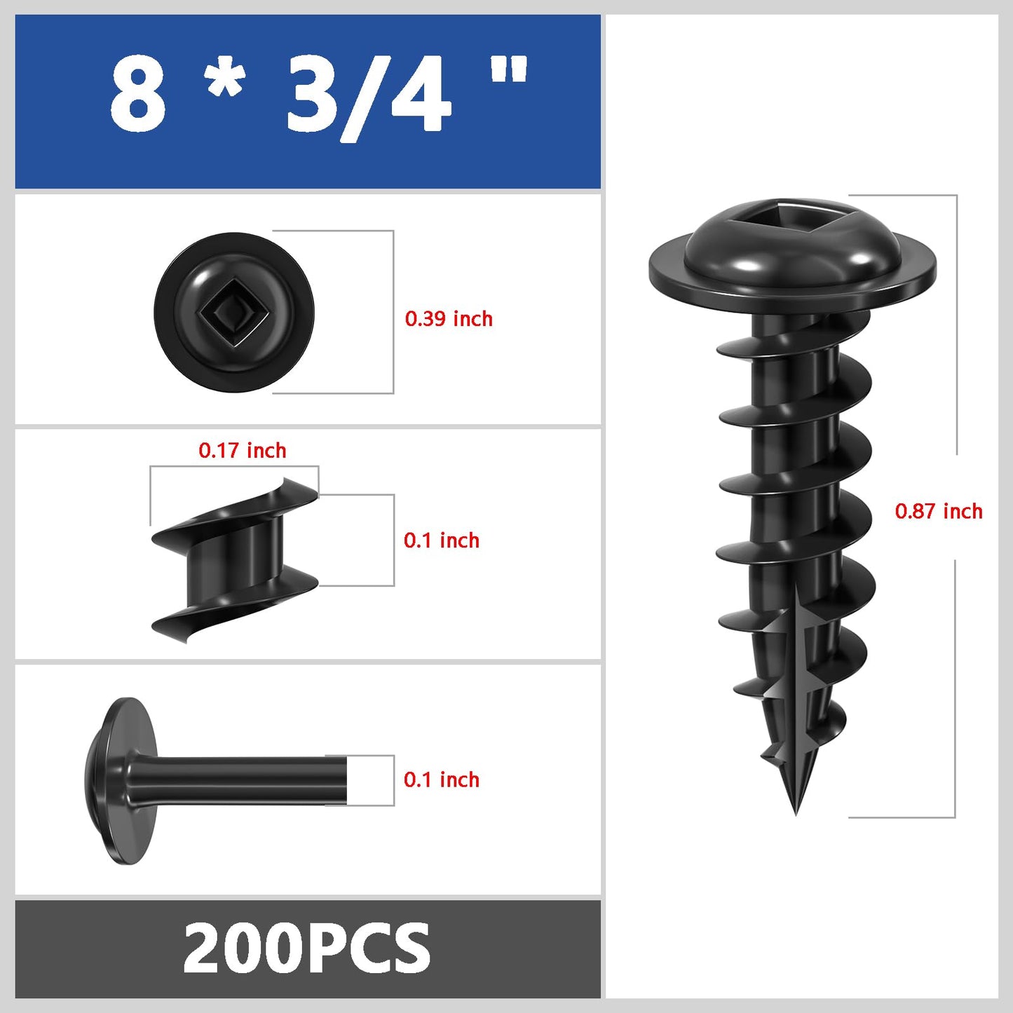 Wensilon (Black) Pocket Hole Screws # 8 * 3/4 "200pcs 1lbs Square Hole Wood Screws and Round Head Square Hole self Tapping Screws are Suitable for Wooden use.150MM,60MM Drive bit Included.