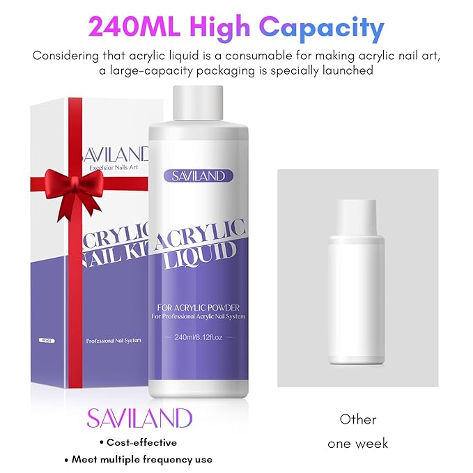 SAVILAND Monomer Acrylic Nail Liquid – 8.11fl.oz Acrylic Liquid with 3PCS Brushes Size（8/10/14) Non-Yellowing Monomer for DIY Home Nail Salon Use