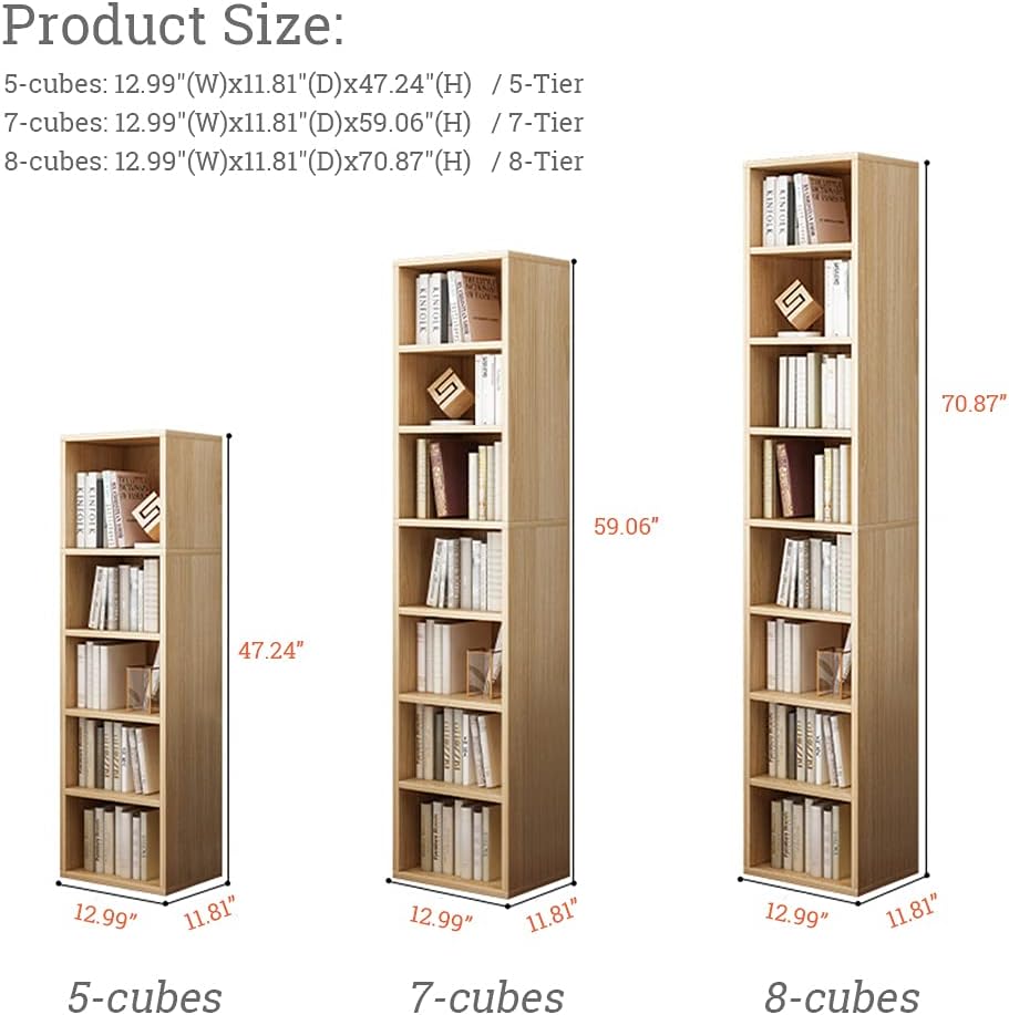 IOTXY Small Narrow Corner Bookcase - 71 Inches Tall Gap Freestanding Storage Cabinet, 8 Lattices Open Shelves Tower Rack, Cubes Bookshelf in Oak