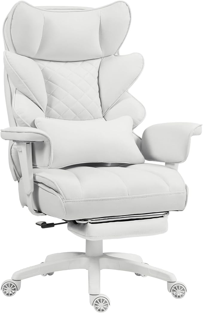 Dowinx Big and Tall Office Chair with Pocket Spring Cushion,High Back Computer Gaming Chairs with Adjustable Armrests,Executive Desk Chairs with Lumbar Support and Footrest,Fabric-White