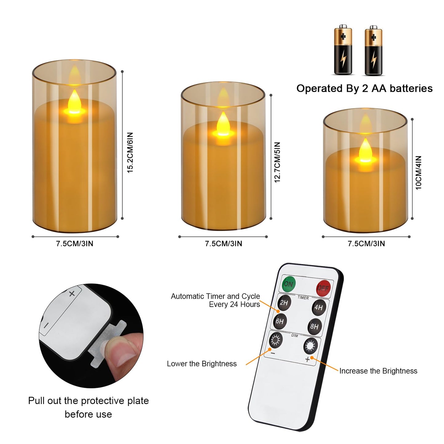 wemarry Flameless Candles 4" 5" 6" Set of 12 Acrylic Glass Pillars 3" Diameter Battery Operated Flickering Candles Include 8-Key Remote with Timer Function 400+ Hours (Amber, 12 Pack)