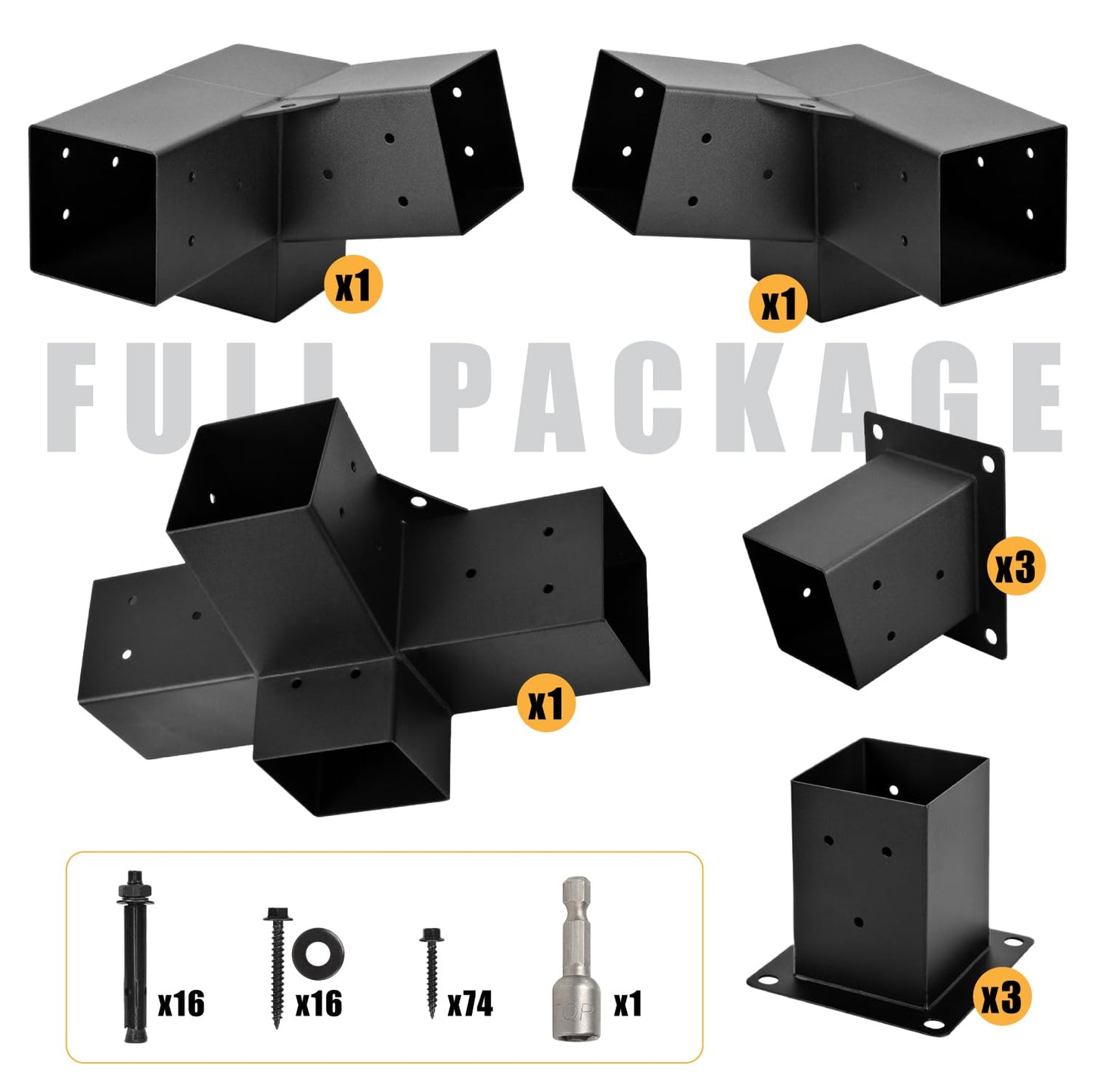 Pergola Kit, 15° 3-Way Slanted Roof Pergola Bracket Set, Roof Wall Mount Extension Bracket 4" x 4" (Actual 3.5" X 3.5") - Set 9