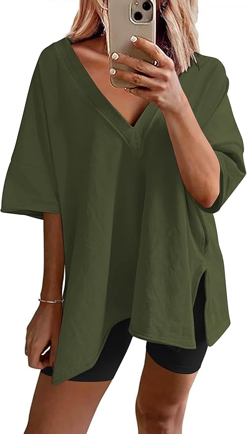 Ekouaer Womens Pajamas 2 Piece Lounge Sets Oversized V Neck T-Shirts Tops Biker Shorts Set Workout Reversible Tracksuit S-XXL