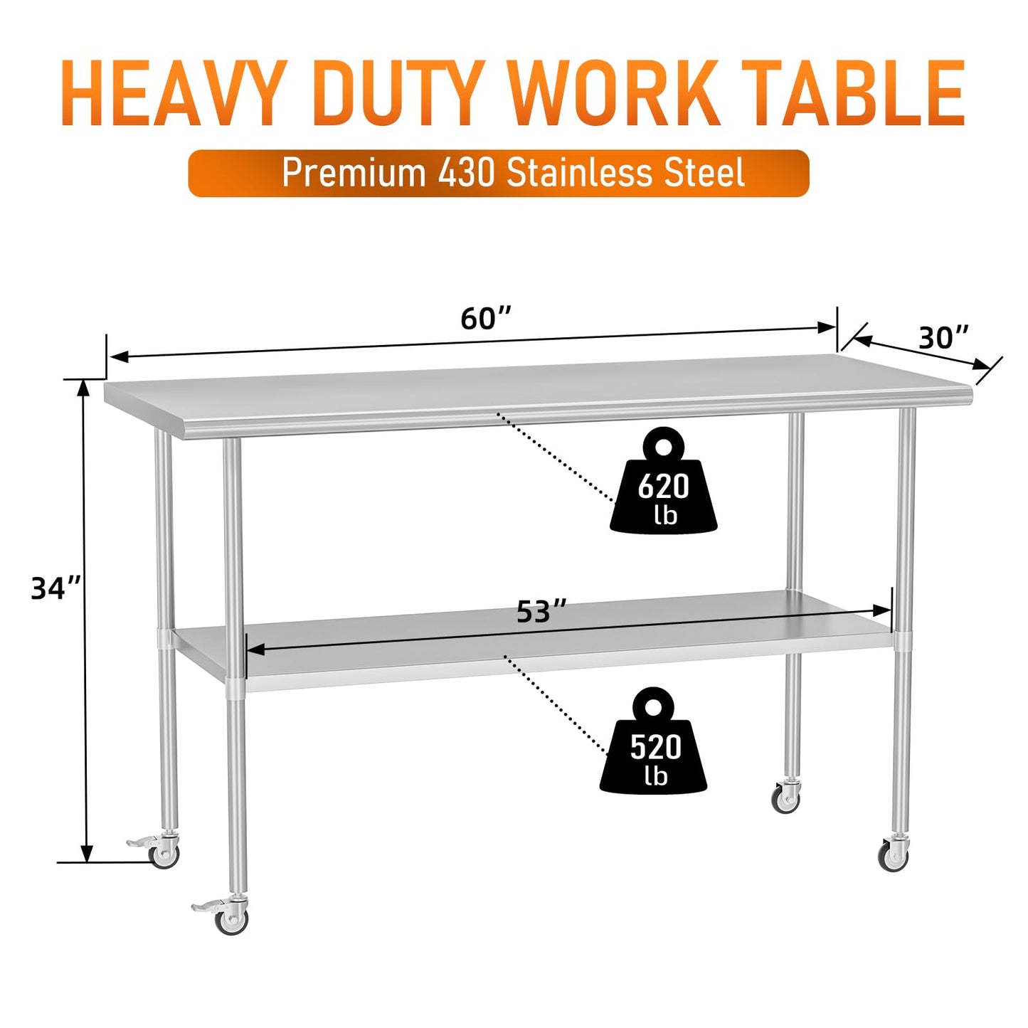 HOCCOT Stainless Steel Table with Wheels for Food Prep & Work 30" x 60" Utility Table with Adjustable Undershelf, Commercial Workstation in Kitchen, Garage, Outdoor BBQ