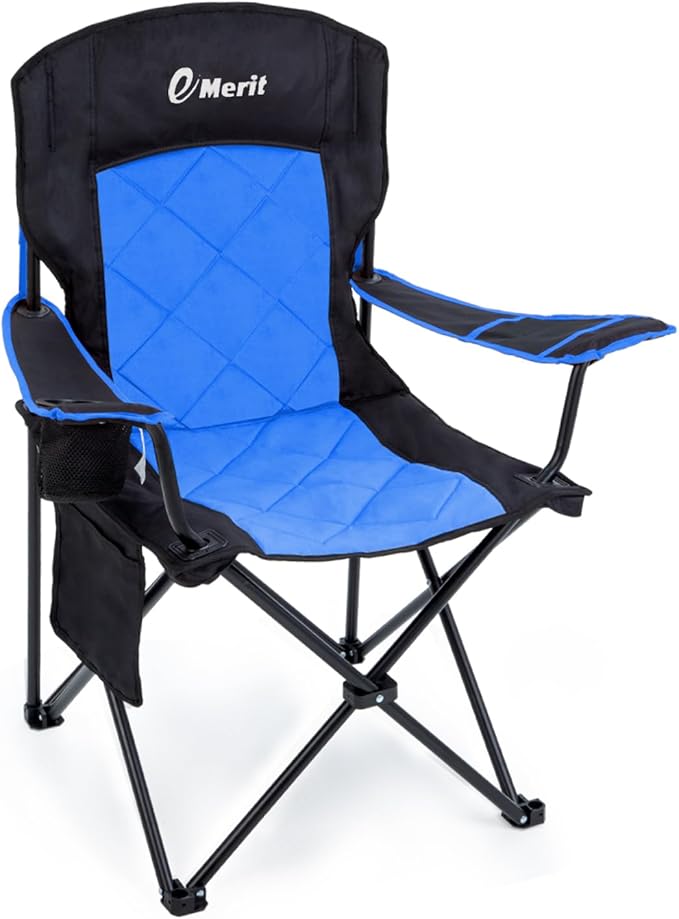 EMERIT Oversized Padded Camping Chair, 350LB Heavy Duty Quad Fold Chair with Arms, Collapsible Outdoor Chairs with Lumbar ...