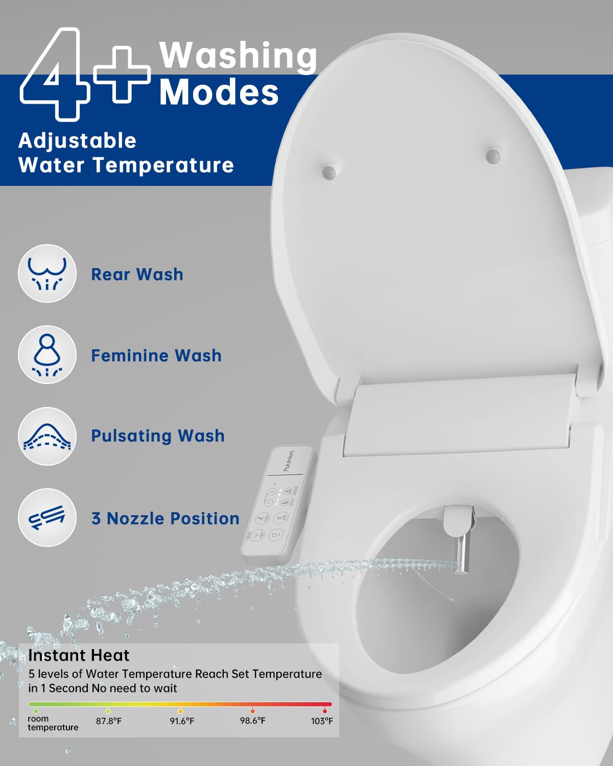 PUKANIUM Heated Smart Toilet Seat with Feminine Wash & Dryer, Elongated Bidet with Adjustable Water Temperature, Pressure & Nozzle Position, Easy Installation & Soft-Close Lid for Modern Bathrooms