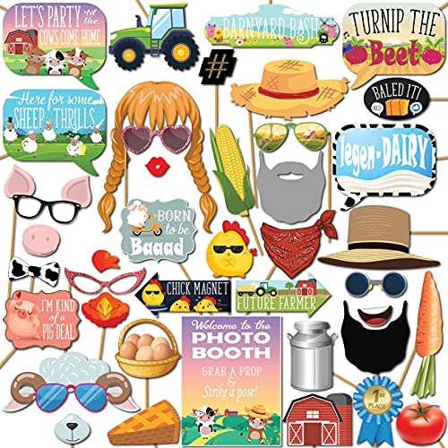 Farm Animal Photo Booth Props - 41-pc Photo Booth Kit with 8 x 10-Inch Sign, 60 Adhesive Pads, 45 Sticks - Cowboy and Farm...