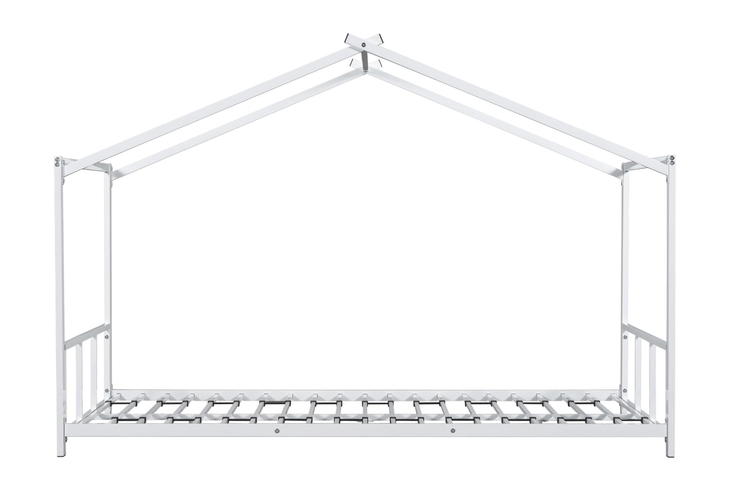 LINKHOO Twin Size Montessori Floor Bed with Roof, Metal House Bed with Soundproofing Slat Locking and Footboard for Boys and Girls, Easy to Assemble, No Box Spring Needed, White