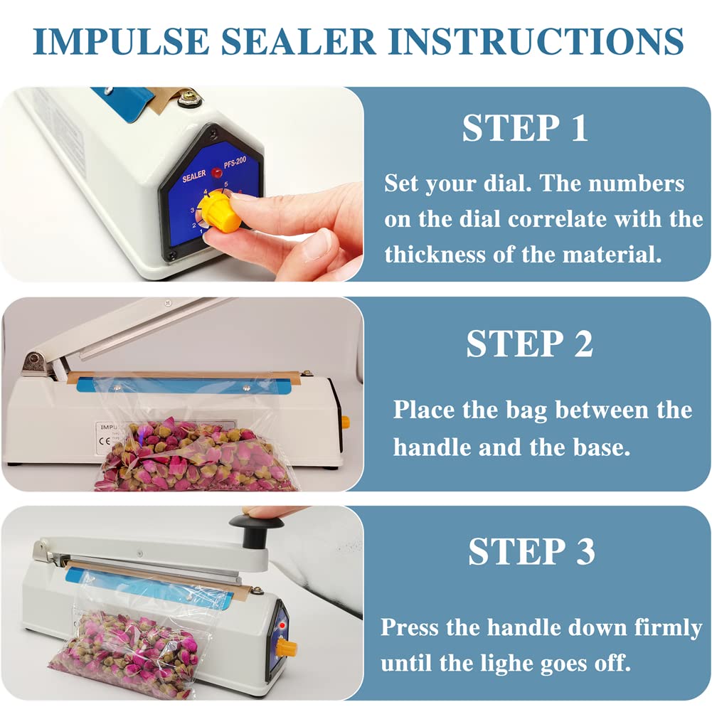Impulse Heat Sealer 8 inch Mylar Bag Sealer, Heat Sealer for Plastic Bags, Metal Iron Shell, Impulse Sealer 3mm Sealing, Manual Hot Seal Machine with 8 Repair Kits(Included 2 Cutter Lines)