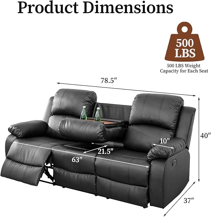 Saxum Tegmen Living Room Furniture Sets, Sectional Leather Couch Set, Adjustable Recliner Sofa with Double Cup Holders and Coffee Table for Living Room Furniture(Sofa, Black Leather)