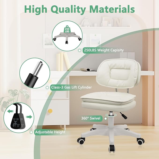 Small Rolling Stool with Backrest - 360° Swivel Rolling Chairs with Wheels,Adjustable Height Armless Vanity Chair, Thickened Seat Cushion Stool Chairs for Spa, Shop, Salon, Massage, Beige