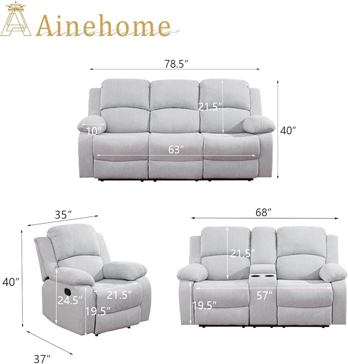 A Ainehome Living Room Furniture Set 3 Pieces Grey Microfiber Recliner Sofa Set Loveseat Chair Furniture Sofa Set for Living Room/Rv/House/Office/Theater Seating (A-Grey White Microfiber,3 Piece Set)
