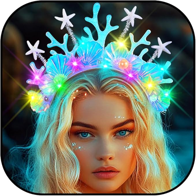 JAKAWIN Light Up Mermaid Costume Headband Starfish Ocean Hair Accessories Shell Led Headpiece for Women