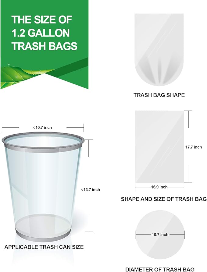 FORID Small Clear Trash Bags, 1.2 Gallon Tiny Garbage Bags, 110 Count Wastebasket Bin Liners for Bathroom Bedroom Office Garbage Can 5 Liters - Thick & Durable Trash Bag