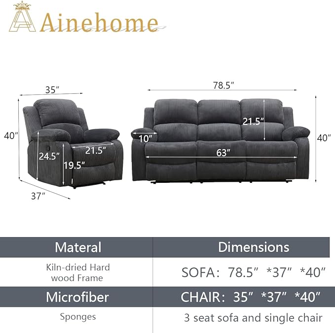 A Ainehome Living Room Furniture Set Recliner Sofa Set Chair Furniture Sofa Set for Living Room/Rv/House/Office/Theater Seating (A-Dark Grey Corduroy, Sofa+Chair)