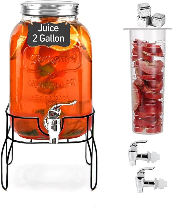 2 Gallon Drink Dispensers for Parties, Sun Tea Glass Jar for Outside 2 Press-Spigots(Easy for Kids) Juice Dispensers for P...
