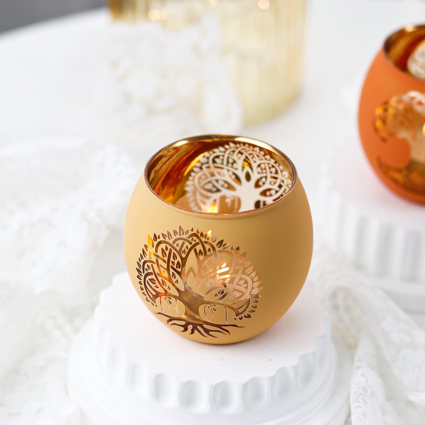 SHMILMH Fall Votive Candle Holders 6 PCS Tree of Life Glass Tea Light Candle Holders Wedding Centerpiece Decorations for Reception, Birthday Party, Bridal Shower Fall Table Decor