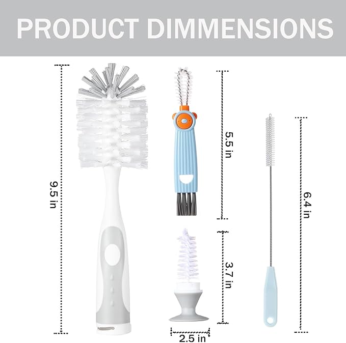 Baby Bottle Brush Set 4 in 1, Baby Bottle Cleaner, with 1P Nylon Bottle Brush, 1P Bottle Cap Brushes, 2P Straw Brushes, Bottle Brush with Nipple Cleaner and Suction Cup, BPA-Free(Grey)