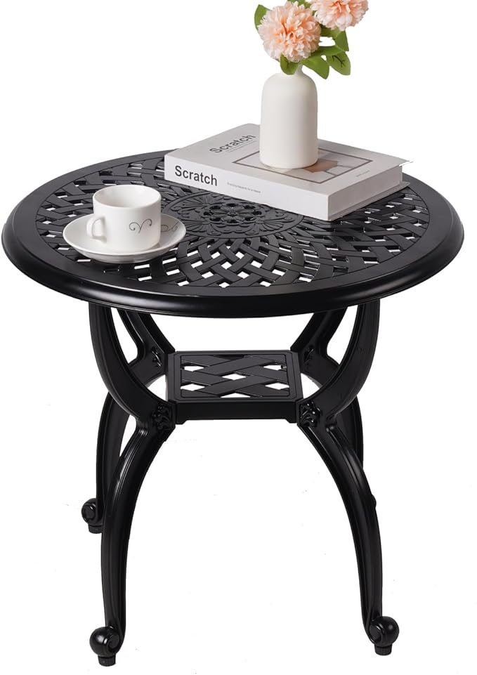 WILOUNGE Cast Aluminum Outdoor Side Table,Small Patio Table,Outdoor Coffee Tables for Patio,Garden,Balcony, for All Weather (Black, Round)