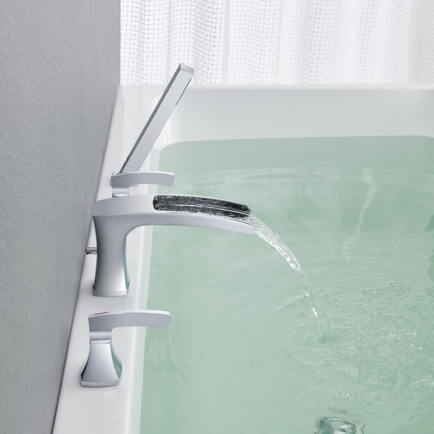 Artiqua Tub Filler Roman Waterfall Tub Faucet Chrome Deck Mount Bathtub Faucets 4 Hole Brass Bathroom Faucets with Hand Shower