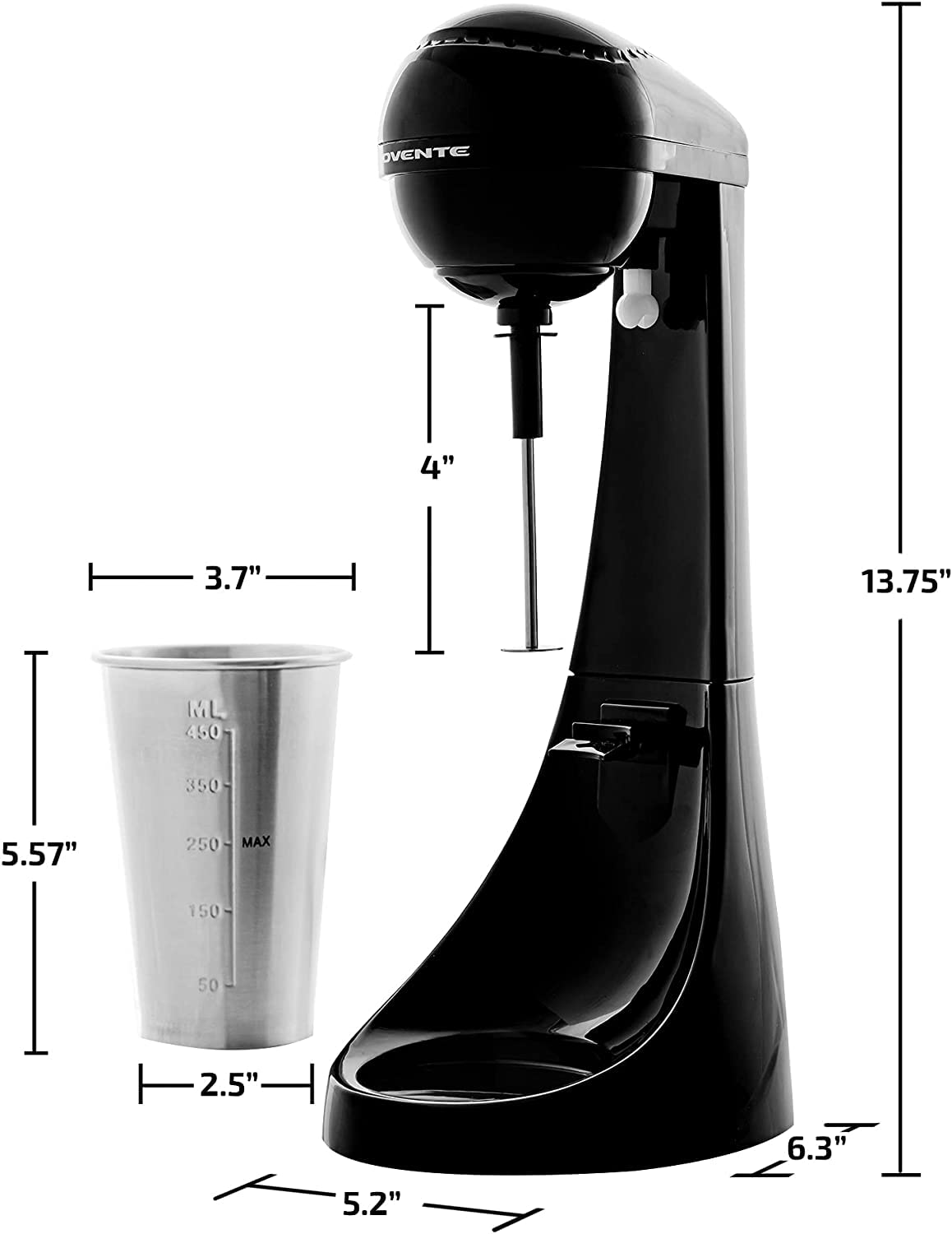 OVENTE Classic Milkshake Maker Machine with 2 Speed Setting, Safety Lock & 15.2 Ounce Stainless Steel Mixing Cup & Rod, Electric Drink Mixer Ideal for Malted Milk, Protein Shakes & More, Black MS2070B