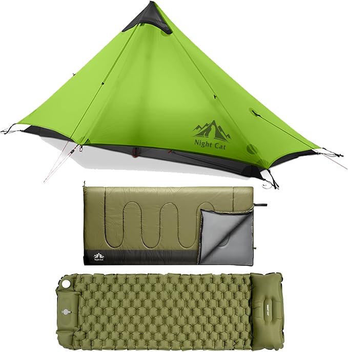 Night Cat Ultralight Tent 1 Person with Camping Sleeping Bag and Inflatable Sleeping Pads Mat Bed with Pillow Foot Pump fo...