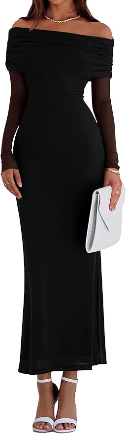 PRETTYGARDEN Fall Dresses for Women 2025 Elegant Off The Shoulder Long Sleeve Formal Wedding Guest Bodycon Maxi Dress